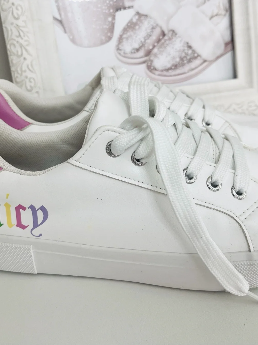 Juicy Couture White Sneakers with Pink Heel and Rainbow Juicy Script
